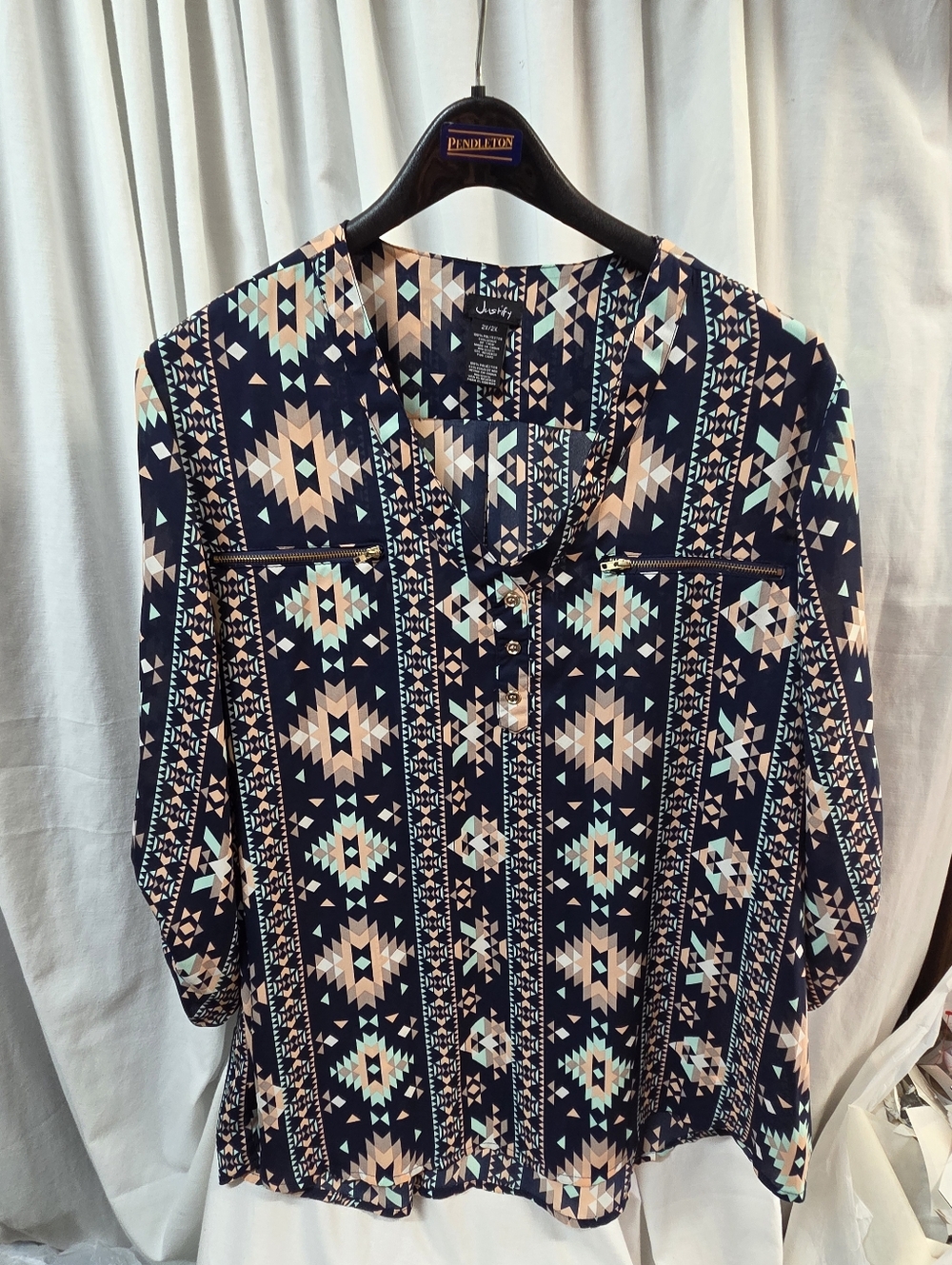 Justify Navy Aztec-Print Button Front Tunic with Mint and Blush
